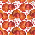 Autumn seamless pattern watercolor hand-drawn red berries currant and orange leaves on white. Nature garden plant Royalty Free Stock Photo