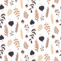 Autumn seamless pattern with wild floral elements. Hand drawn leaves, flowers, herbs, acorns. Royalty Free Stock Photo