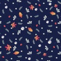 Autumn seamless pattern with yarrow flowers, daisies, maple and oak leaves, strawberries.