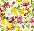 Autumn seamless pattern. Yellow leaves, flowers. Floral watercolor background