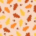 Autumn seamless pattern, yellow and red oak leaves and acorns fall in autumn. Royalty Free Stock Photo