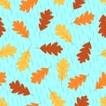 Autumn Seamless Pattern, Yellow And Red Oak Leaves Fall In Autumn, Against The Background Of Rain.