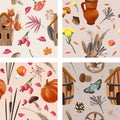 Autumn seamless patterns with fall leaves, pumpkins, pine cone, mushrooms, dry herbs, berries and acorns. Endless