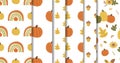 Autumn seamless patterns set. Fall texture, pumpkin, leaves, rainbow, acorn elements on fall background Vector print