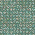 Autumn seamless vector pattern with little green, blue and orange daisy petals on green background.