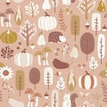 Autumn seamless vector pattern in subtle fall colors. Repeating brown gold white background hedgehog, squirrel corn tree