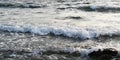 Autumn cold sea at sunset. White foam on the crest of the sea wave. Waves and rocky beach. Romantic, disturbing, harsh seascape.