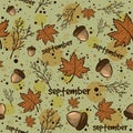 Autumn season background with leaves, acorns and branches. Fall seasonal seamless pattern with earth tones Royalty Free Stock Photo