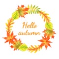 Autumn season banner. Greeting card with inscription Hello, Autumn and hand drawn watercolor fall leaves. Royalty Free Stock Photo