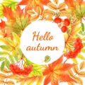 Autumn season banner. Greeting card with inscription Hello, Autumn and hand drawn watercolor fall leaves. Modern design poster Royalty Free Stock Photo