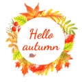 Autumn season banner. Greeting card with inscription Hello, Autumn and hand drawn watercolor fall leaves. Modern design poster Royalty Free Stock Photo