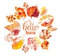 Autumn season banner. Greeting card with inscription Hello, Autumn and hand drawn watercolor fall leaves. Modern design