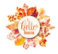 Autumn season banner. Greeting card with inscription Hello, Autumn and hand drawn watercolor fall leaves. Modern design