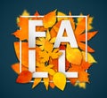 Autumn season banner. Greeting card with text Fall and hand drawn watercolor fall leaves in square frame. Modern design