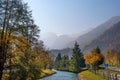 Autumn season. Beautiful view of the Austrian Alps with colorful nature, trees, leaves and a stream in Kaprun, Austria Royalty Free Stock Photo