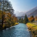 Autumn season. Beautiful view of the Austrian Alps with colorful nature, trees, leaves and a stream in Kaprun, Austria Royalty Free Stock Photo