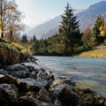 Autumn season. Beautiful view of the Austrian Alps with colorful nature, trees, leaves and a stream in Kaprun, Austria Royalty Free Stock Photo