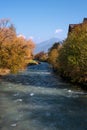 Autumn season. Beautiful view of the Austrian Alps with colorful nature, trees, leaves and a stream in Kaprun, Austria Royalty Free Stock Photo