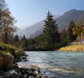 Autumn season. Beautiful view of the Austrian Alps with colorful nature, trees, leaves and a stream in Kaprun, Austria Royalty Free Stock Photo