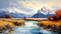 Expansive Landscapes: A Whistlerian Digital Painting Of A River In Autumn