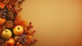 Autumn season concept, leaves or harvested crop. Pumpkin, autumn leaves, and on an orange background.