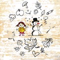 Autumn season doodles on wooden background Royalty Free Stock Photo