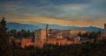 Autumn season fall Background with The landscape view with Alhambra of Granada, Spain. Alhambra fortress and Albaicin quarter at