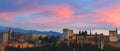 Autumn season fall Background with The landscape view with Alhambra of Granada, Spain. Alhambra fortress and Albaicin quarter at