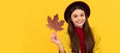 Autumn season, fashion teenager. fall season fashion. teen girl in hat. Autumn fall child for poster design. Banner