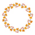 Autumn season frame with pumpkin, maple leaves and red berries, dry branch. Fall decoration element for cards and