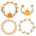 Autumn season frame with pumpkin, maple leaves and red berries, dry branch. Fall decoration element for cards and