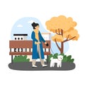 Autumn season. Happy woman walking with her pet dog in city park and enjoying fall, flat vector illustration. Royalty Free Stock Photo