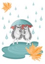 Autumn season, hedgehogs, rain umbrella and maple leaf