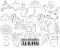 Autumn season icons set. Black and white hand drawn outline doodle objects. Coloring page kids game. Royalty Free Stock Photo