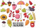 Autumn season icons set. Colorful hand drawn fall doodle objects.