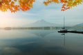 Autumn season and mountain Fuji in morning with red leaves maple Royalty Free Stock Photo
