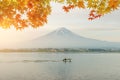 Autumn season and mountain Fuji in morning with red leaves maple Royalty Free Stock Photo