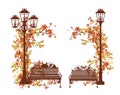 Autumn season park bench and streetlight with tree branches vector set