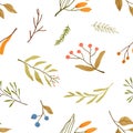 Autumn season plants flat vector seamless pattern. Dried leaves and branches texture. Blueberries twigs on white