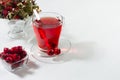 Autumn season red herbal tea in elegant transparent cup with dry leaves, rose hip, hawthorn berries in sunlight on white wood. Royalty Free Stock Photo