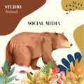 Autumn season social media frame layout with leaves and animal. greetings advertising promote , creative watercolor vector