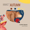 Autumn season social media frame layout with leaves and animal. greetings advertising promote , creative watercolor vector