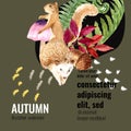 Autumn season social media frame layout with leaves and animal. greetings advertising promote , creative watercolor vector