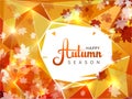 Autumn season vector background with white circle in middle with abstract text. Leaf fall illustration with golden polygons and