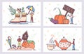 Autumn season vector posters. Farm and harvest vegetables. Rain boots and umbrella. Hot tea pot Royalty Free Stock Photo