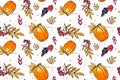 Autumn season vector seamless pattern with hand drawn pumpkin, grapes, rowan, leaves. Hand drawn repeated background for textile, Royalty Free Stock Photo