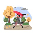 Autumn season. Young girl under umbrella walking in the rain, flat vector illustration.