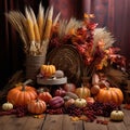 Autumn seasonal composition with a harvest of pumpkins, corn and berries. Fall still life