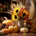 Autumn seasonal composition with a harvest of pumpkins, corn and sunflowers. Autumn still life