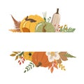 Autumn seasonal pumpkins, flowers, forest leaves horizontal frame on white background Royalty Free Stock Photo